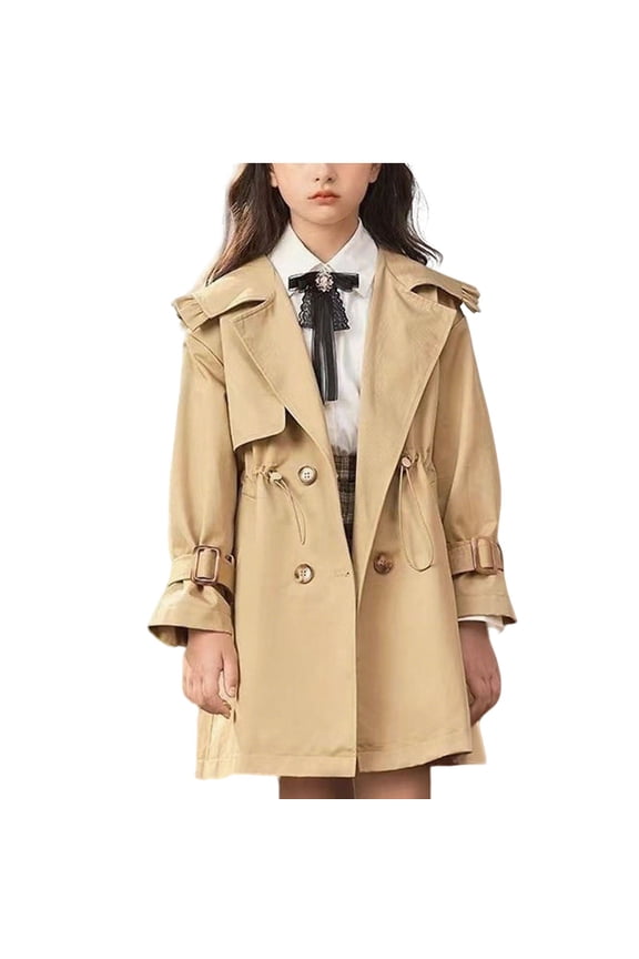 Girls' British Style Trench Coat Ruffled Lapel Adjustable Cuff Drawstring Waist Fall/Winter Mid-Length Outerwear for Daily Uniform Playdates Formal Events Toddler 3-12Y