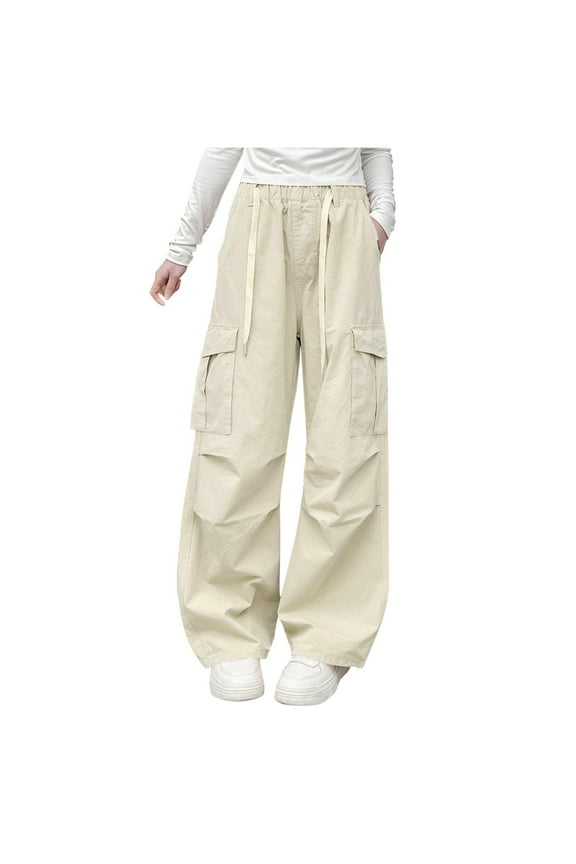 Girls Cargo Pants Kids Wide Leg with Pockets Solid Color Elastic Waist Full-Length Thin Sports Street Trousers Bottoms for Daily/Travel/Outing 5-16Y