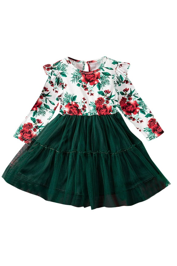 Girls' Christmas Rose Print Princess Dress Long Sleeve Round Neck Tulle Puff Skirt Dress for Toddlers & Kids