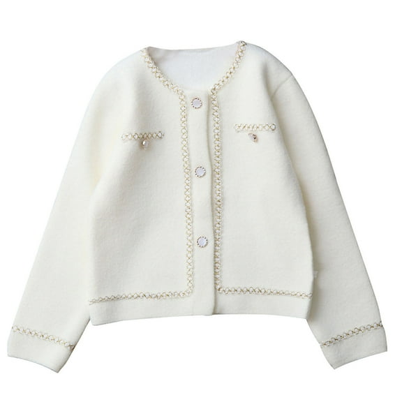 Favoffer Girls' Crewneck Knitted Cardigan Fall/Winter Warm Long Sleeve Children Button Cotton Sweater Uniform Outerwear for Daily Playdates Holiday Gifts Black White 5-13Y