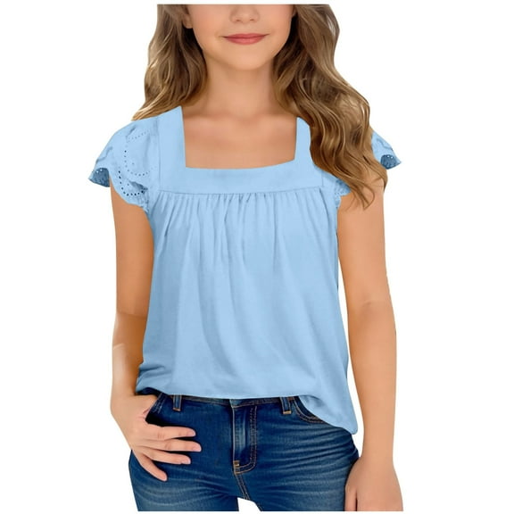 Favoffer Girls Cutout Ruffle Short-Sleeve Tee for Casual Picnic Park Shopping, Sizes 5-15