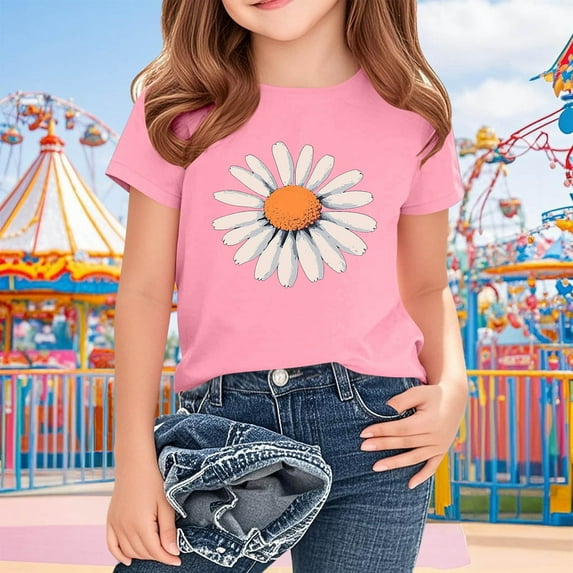 Favoffer Girls' Daisy Graphic Summer Multi-Color T-Shirt Round Neck Short Sleeve Regular Fit Shirt, Cute Basic Tee for Casual Daily Home Play 2-14Y