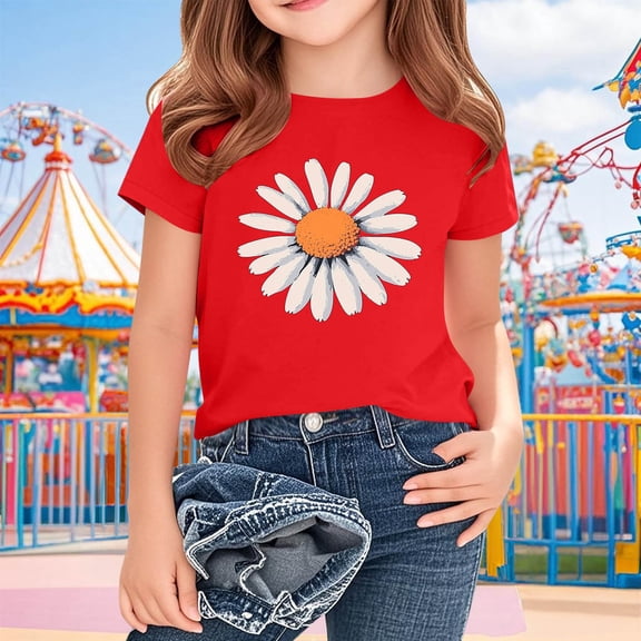 Favoffer Girls' Daisy Graphic Summer Multi-Color T-Shirt Round Neck Short Sleeve Regular Fit Shirt, Cute Basic Tee for Casual Daily Home Play 2-14Y