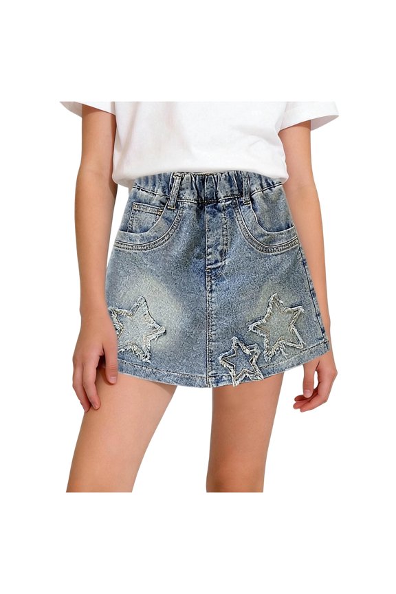 Girls Denim Skort Denim Skirt Star Patch Embroidered Skort Elastic High Waist A Line Skirt With Pockets Lined Skort 4-12Y