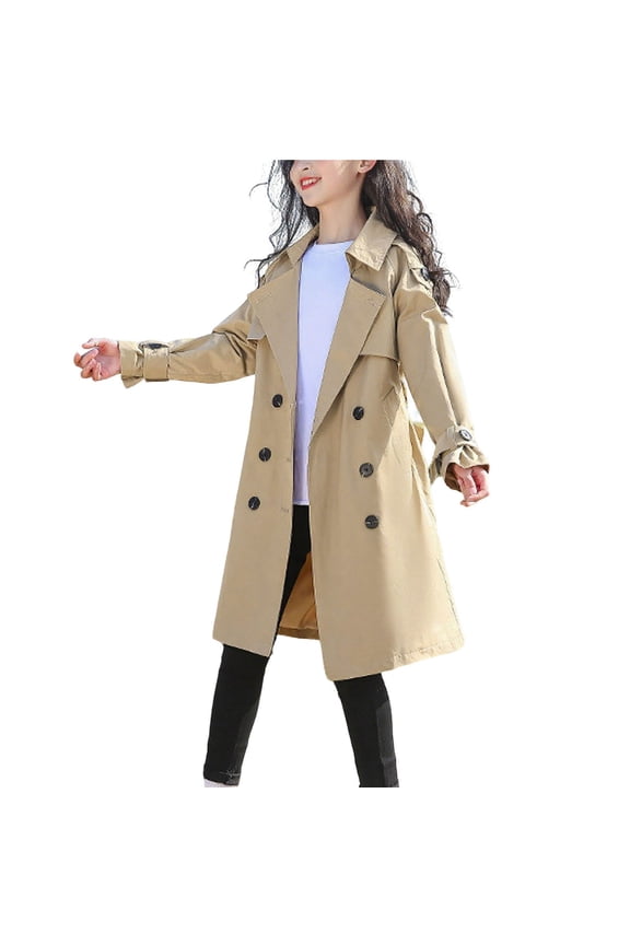 Girls' Double Breasted Coat British Style Belted Trench Fall/Winter Mid-Length Adjustable Cuff Straps Outerwear for Daily Activities Formal Gatherings Big Kids 4-15Y
