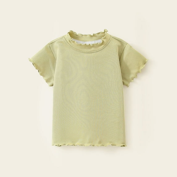 Favoffer Girls' Fashion Summer Multicolor Ribbed Scalloped Relaxed Mock Neck Tee, Elegant Breathable Short Sleeve Top, for Casual, Travel, Play, Gifting 12M-9Y