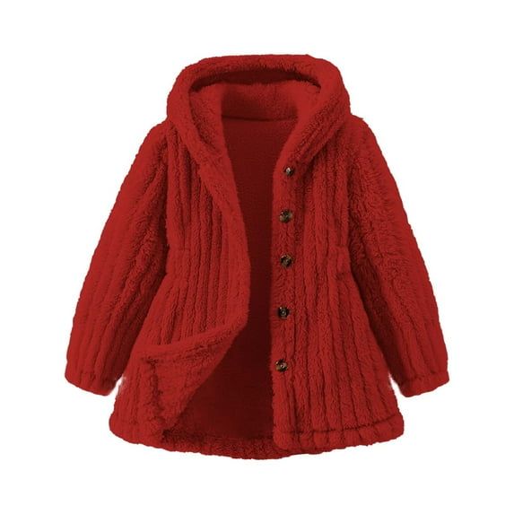 Favoffer Girls Fleece Jacket Plush Hooded Cardigan Button-Down Toddlers' Casual Long-Sleeve Snow Clothes Winter Solid Color Outwear for Home Trips Holiday 1-8Y