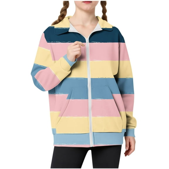 Favoffer Girls Graphic Zip Up Hoodies Sweatshirt with Pockets Kids Hooded Coat Casual Outerwear Rainbow Plaid Stripe Campus Daily Outings Parties 5-15Y