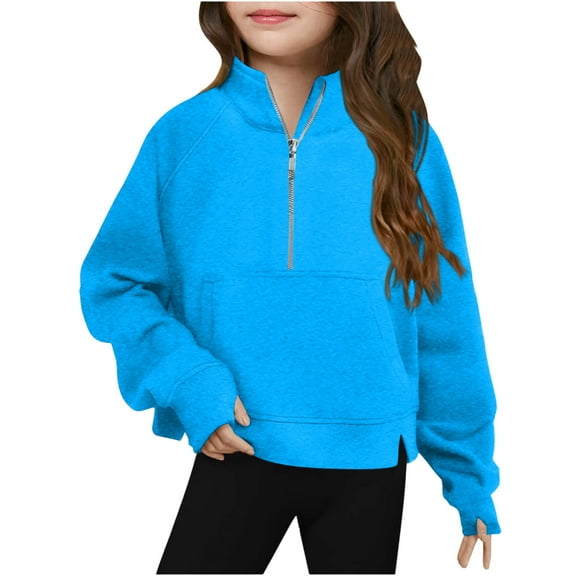 Favoffer Girls’ Half-Zip Sweatshirt Mock Neck Long Sleeve Top with Thumb Holes Pullover Fleece Zipper Hoodies Outfits Clothes 5-14Y