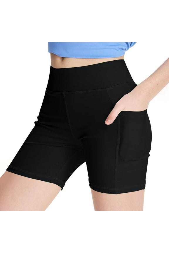 Girls High-Waisted Pocketed Basic Biker Shorts Summer Lightweight Stretchy Spandex Dance Gymnastics Casual Activewear, 4-15Y