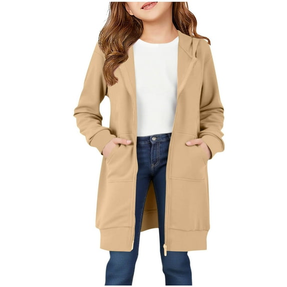 Favoffer Girls' Long Sleeve Coat with Pocket Jackets Solid Color Hooded Sweatshirt for Fall Winter Casual Home Play kid Teen 5-14Y