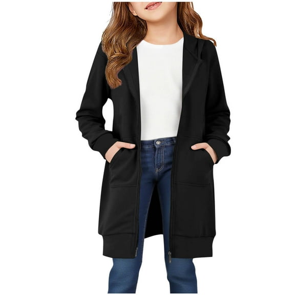 Favoffer Girls' Long Sleeve Coat with Pocket Jackets Solid Color Hooded Sweatshirt for Fall Winter Casual Home Play kid Teen 5-14Y