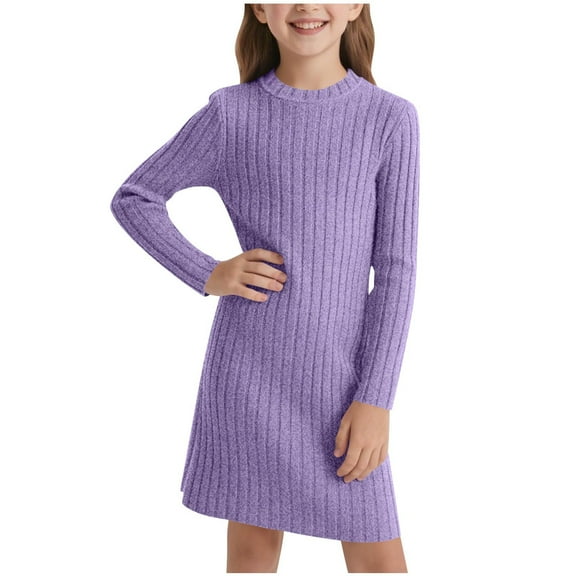 Favoffer Girls Long Sleeve Sweater Dress Kids Fall Winter Thickened Ribbed Slim-Fit Round Neck A-Line Midi Outfit Casual Crewneck Knitted Pullover Jumpers 8-12Y