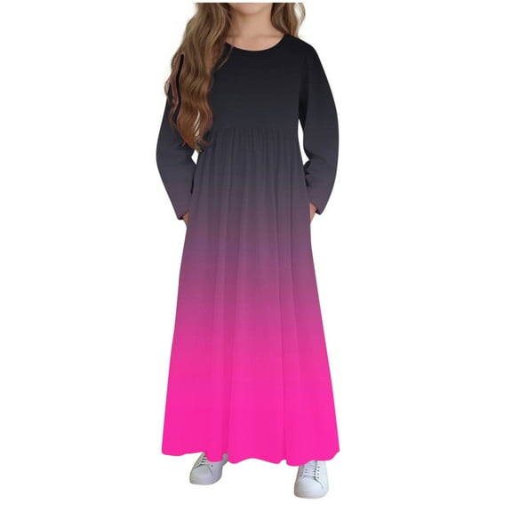 Favoffer Girls Maxi Dress Long Sleeve Round Neck Casual Holiday Dress with Pockets Toddler Long Skirt Fall Winter Outfit Clothes 4-14Y