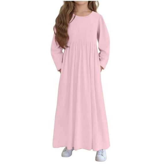 Favoffer Girls Maxi Dress Long Sleeve Round Neck Casual Holiday Dress with Pockets Toddler Long Skirt Fall Winter Outfit Clothes 4-14Y