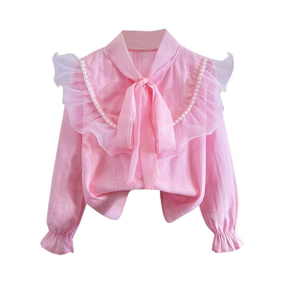 Favoffer Girls Mesh Bow Front Shirt Kids Lace Trim Blouse Top Casual Long Sleeve Lapel TopS for Daily/Parties/Photoshoots 3-14Y
