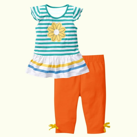 Favoffer Girls' Multicolor Daisy Striped Set & Round Neck Flutter-Sleeve Outfit - Play, Party, Photoshoot, Outing 1-10Y