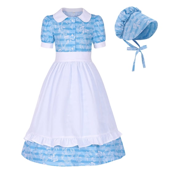 Favoffer Girls Pioneer Clothes Short-Sleeve Printed Crewneck Dress   Apron   Hat Set Dressy Casual Outfit for Birthday Parties, Daily, Outings, Photo Shoots Toddler 4-11Y