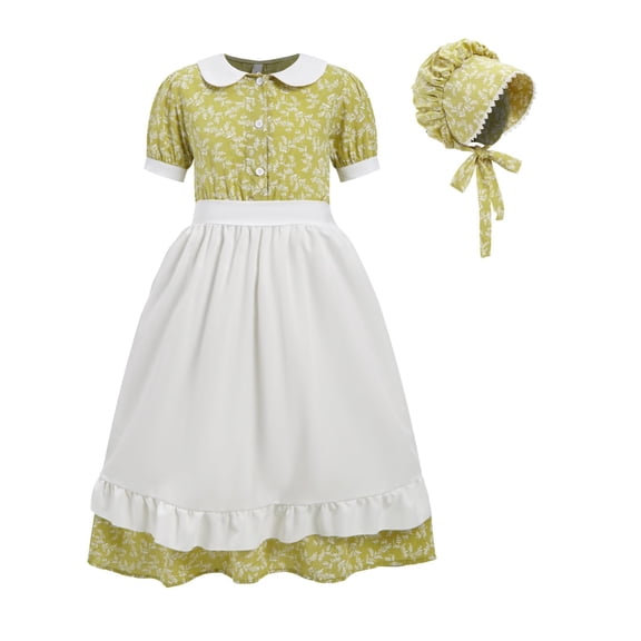 Favoffer Girls Pioneer Clothes Short-Sleeve Printed Crewneck Dress   Apron   Hat Set Dressy Casual Outfit for Birthday Parties, Daily, Outings, Photo Shoots Toddler 4-11Y