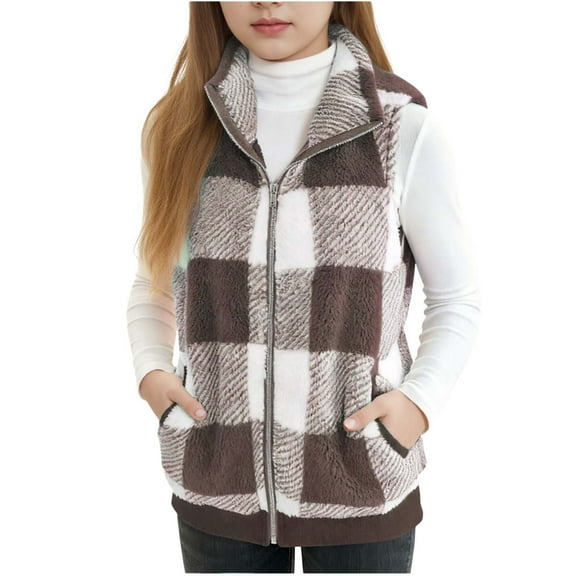 Favoffer Girls Plaid Fleece Vest Cardigan Button Down Top Double Pocket Sleeveless Jacket Winter Warm Casual Cute Gilet 3-15Y