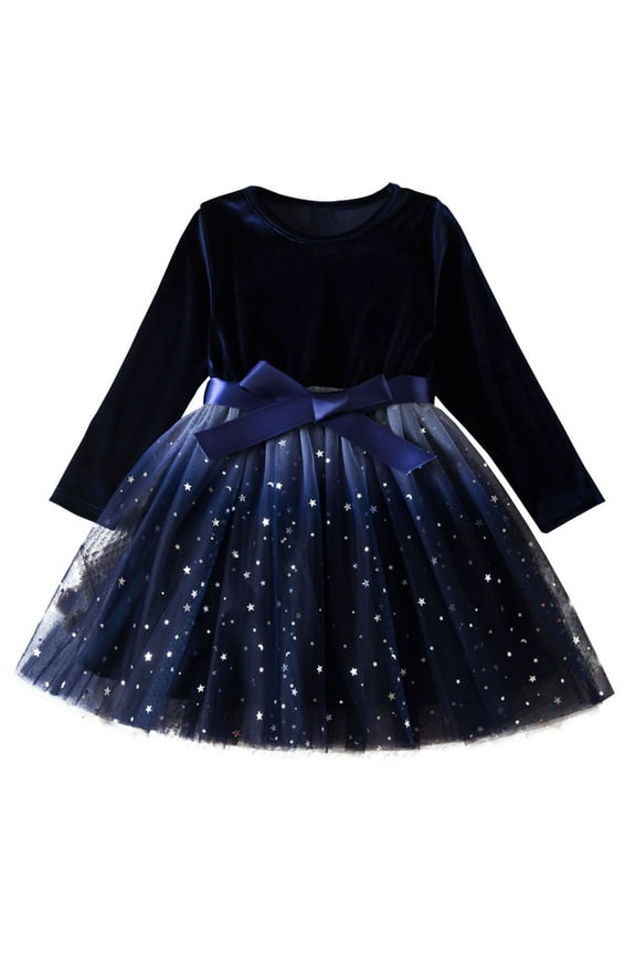 Girls' Princess Dress Long Sleeve, Ruffled Mesh Toddler Fall-Winter Sequin Accents Crewneck, for Parties Daily Wear 3-8Y