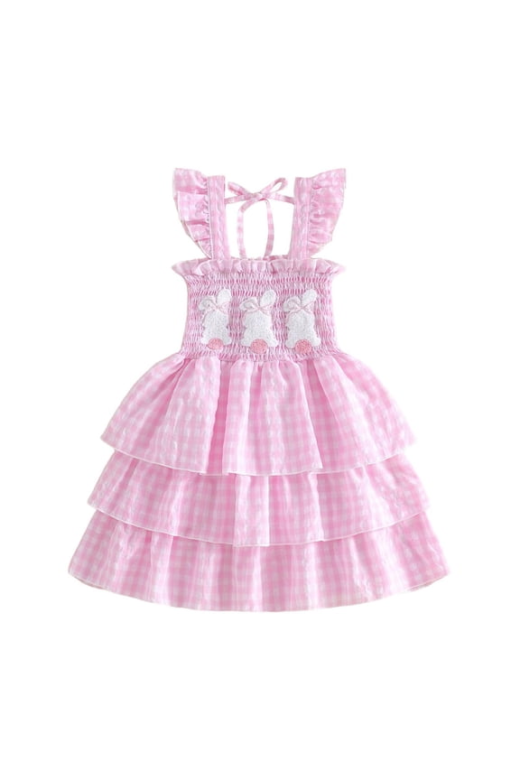 Girls Princess Dress Summer Easter Bunny Plaid Print Sweet Cute Smock Slip Casual Party Holiday Adorable Fashion Outfit Sizes 1-7Y