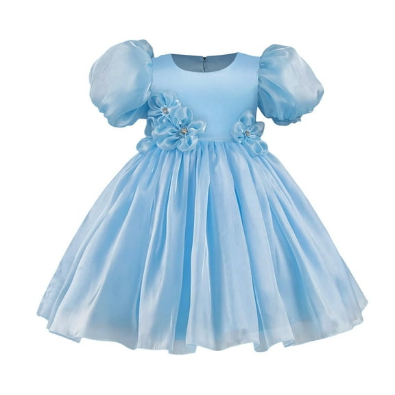 Favoffer Girls' Puff-Sleeve Princess Dress - Solid Color Back Zip, Party/Wedding/Occasion, Toddler 1-5Y, Kid Gift 6-9Y