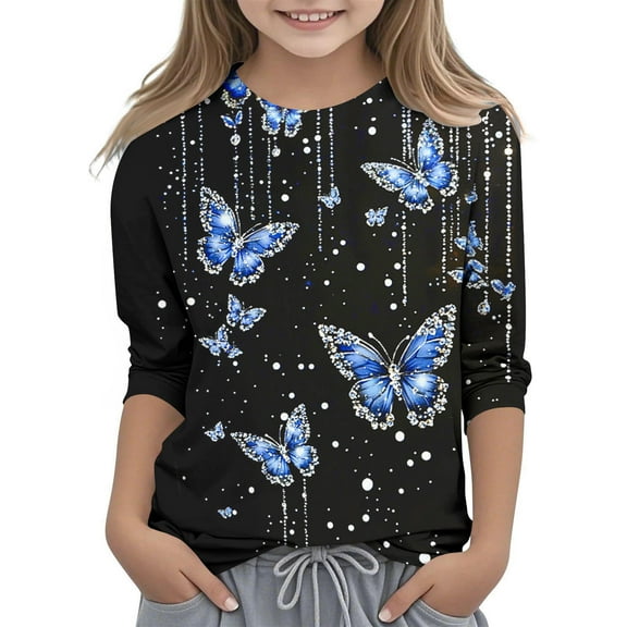 Favoffer Girls Raglan 3/4 Sleeve Shirts Christmas Crew Neck Soft Casual Tunic Tops Kids Girls Basic Layer Top Tees Blouses for Toddler Teen 3-12Y