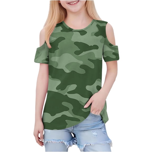 Favoffer Girls Short Sleeve Cold Shoulder Basic Tee Tops Shirts, Fashionable Cute Round Neck Tops, 3-12Y