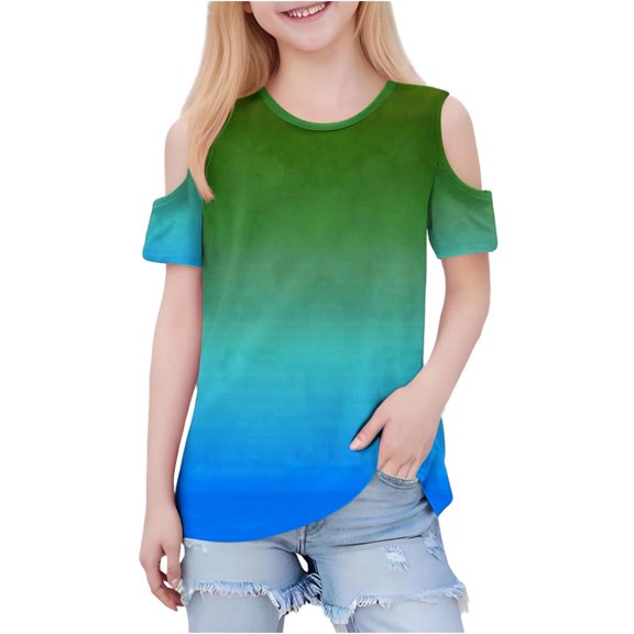 Favoffer Girls Short Sleeve Cold Shoulder Basic Tee Tops Shirts, Fashionable Cute Round Neck Tops, 3-12Y