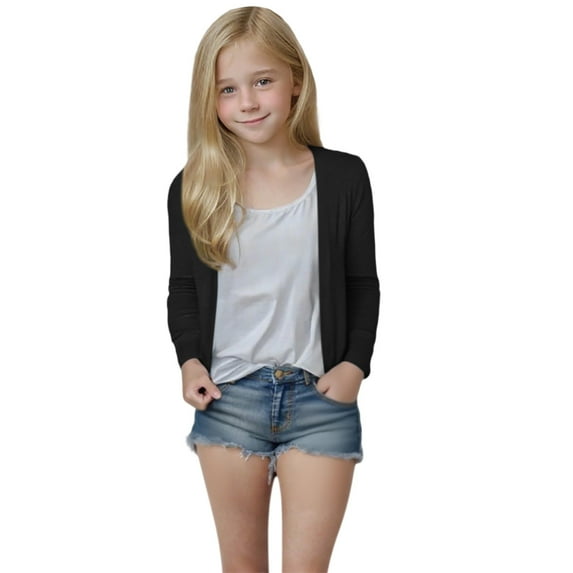 Favoffer Girls’ Solid Color Short Cardigan Open-Front Long Sleeve Lightweight Cardigan with Pockets Casual Daily Home Wear 5-14Y