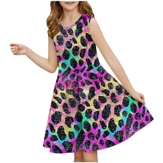 Favoffer Girls' Spring-Summer Multicolor Gradient Elegant Skater Dress & Round-Neck Sleeveless Flared Dress for Casual, Party, Dance, Photoshoot 3-14Y