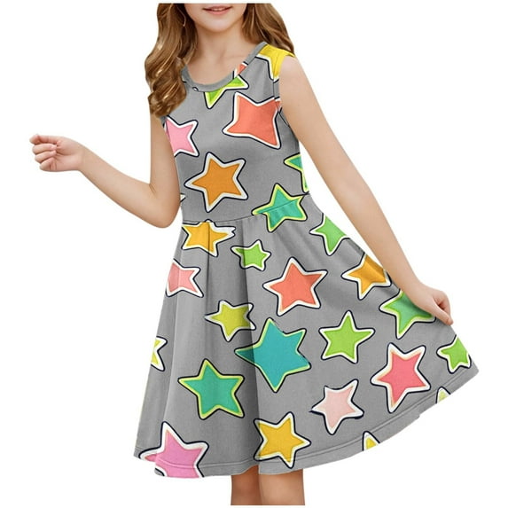 Favoffer Girls' Spring-Summer Multicolor Gradient Elegant Skater Dress & Round-Neck Sleeveless Flared Dress for Casual, Party, Dance, Photoshoot 3-14Y