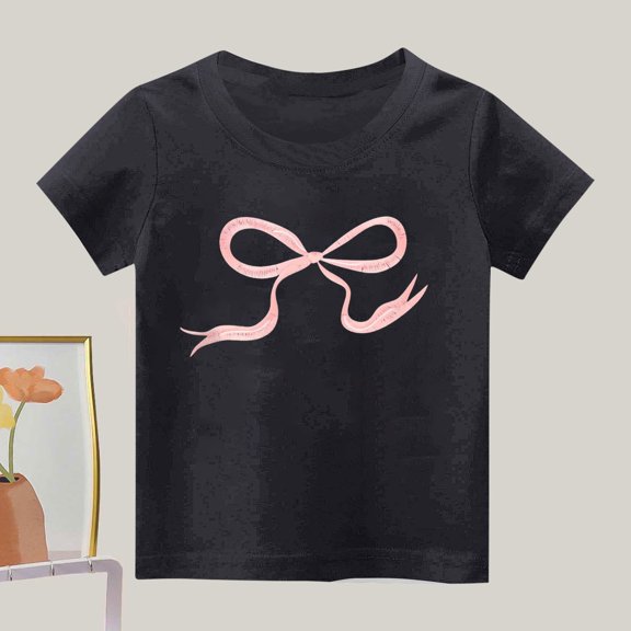 Favoffer Girls' Summer Fashion Casual Bow Graphic Round Neck Short Sleeve Top, Multicolor Breathable Tee, for Casual, Travel, Play, Home 2-14Y