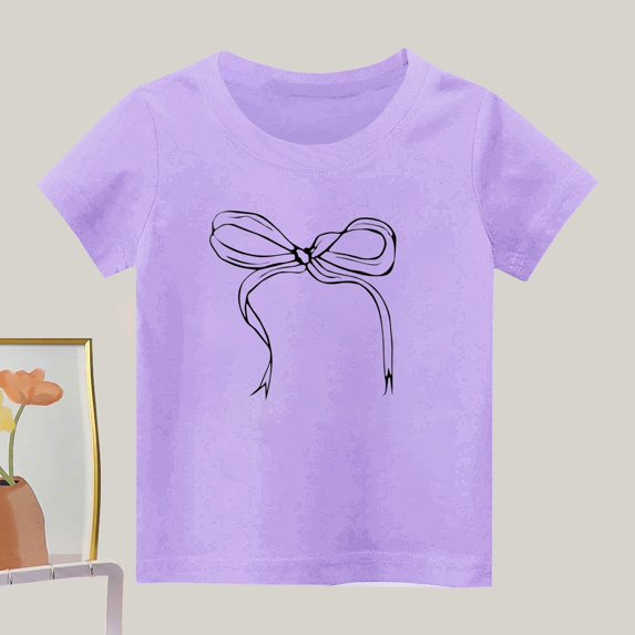 Favoffer Girls' Summer Fashion Casual Bow Graphic Round Neck Short Sleeve Top, Multicolor Breathable Tee, for Casual, Travel, Play, Home 2-14Y