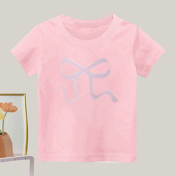 Favoffer Girls' Summer Fashion Casual Bow Graphic Round Neck Short Sleeve Top, Multicolor Breathable Tee, for Casual, Travel, Play, Home 2-14Y