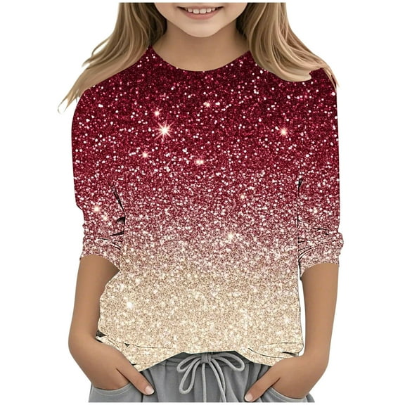 Favoffer Girls' Summer Fashion Multicolor Sparkle Print Base Top & Round-Neck 3/4 Sleeve Relaxed Shirt, for Casual, Party, Photoshoot, Gifting 3-12Y