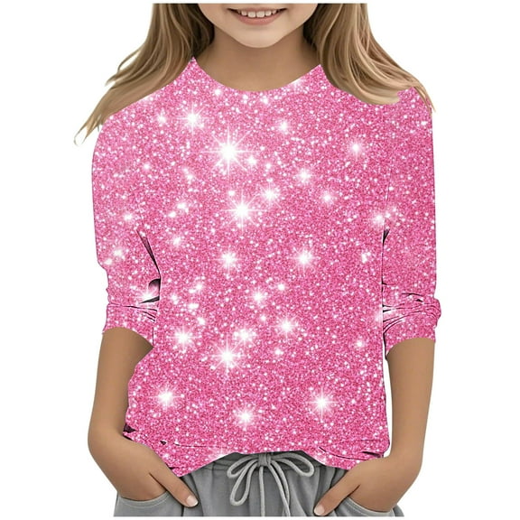 Favoffer Girls' Summer Fashion Multicolor Sparkle Print Base Top & Round-Neck 3/4 Sleeve Relaxed Shirt, for Casual, Party, Photoshoot, Gifting 3-12Y