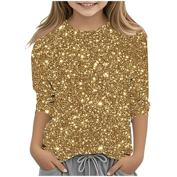 Favoffer Girls' Summer Fashion Multicolor Sparkle Print Base Top & Round-Neck 3/4 Sleeve Relaxed Shirt, for Casual, Party, Photoshoot, Gifting 3-12Y