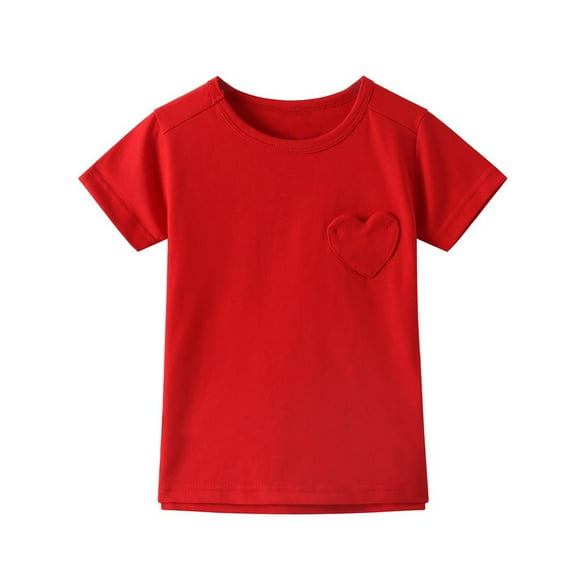 Favoffer Girls' Summer Heart Pocket Short Sleeve Top Solid Color Cute Crew Neck Stretchy Tee Casual Travel Home Play 5-15Y