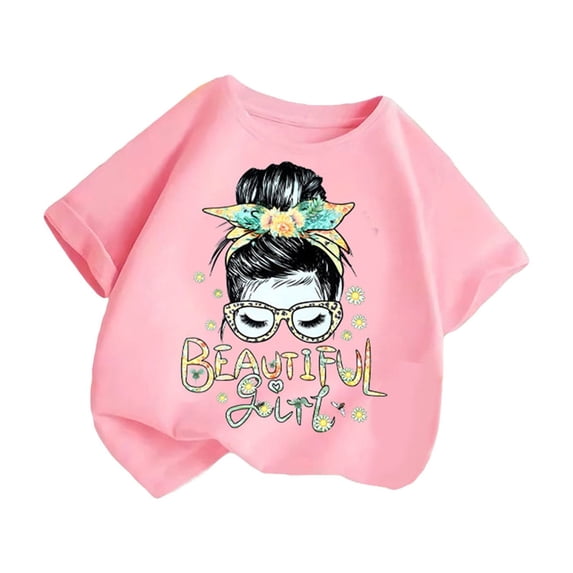 Favoffer Girls' Summer Multicolor Fashion-Girl Graphic Tee & Children's Casual Short-Sleeve Top - Casual, Play, Photoshoot, Gifting 2-14Y