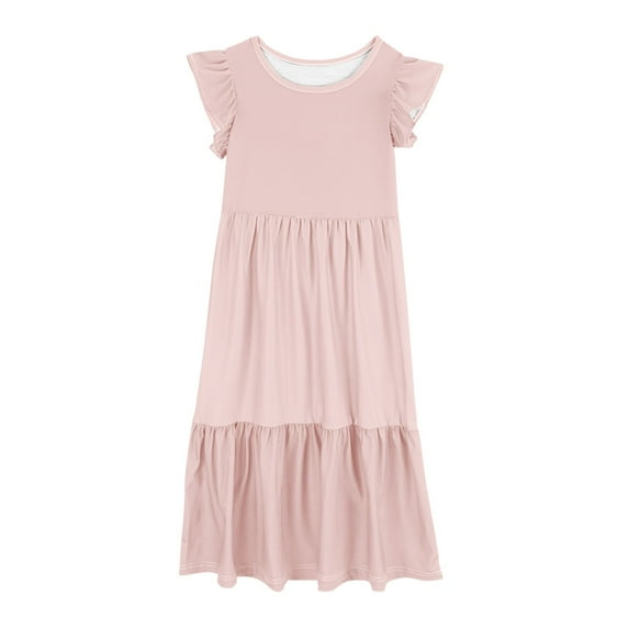 Favoffer Girls' Summer Multicolor Solid Flutter Sleeve Maxi Dress, Pockets Ruffled Tiered Long Frocks, Sundress for Party, Casual, Beach, Daily 6-13Y