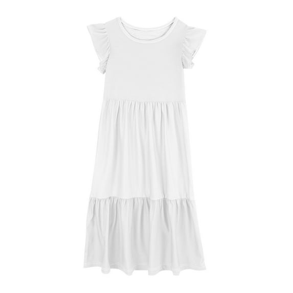 Favoffer Girls' Summer Multicolor Solid Flutter Sleeve Maxi Dress, Pockets Ruffled Tiered Long Frocks, Sundress for Party, Casual, Beach, Daily 6-13Y