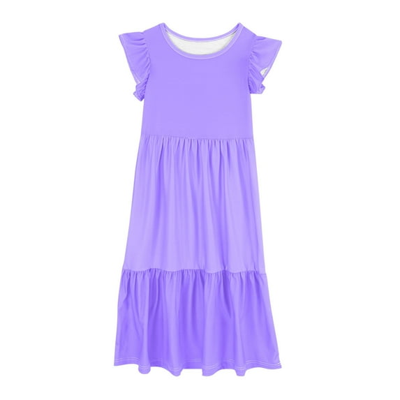 Favoffer Girls' Summer Multicolor Solid Flutter Sleeve Maxi Dress, Pockets Ruffled Tiered Long Frocks, Sundress for Party, Casual, Beach, Daily 6-13Y