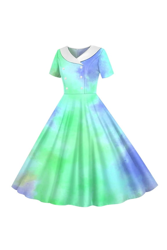 Girls Summer Polka-Dot Graphic Dress Short Sleeve Stretchy Frock & A Line Recital Turndown Neck Dress, for Casual, Travel, Dance, Party 5-14Y