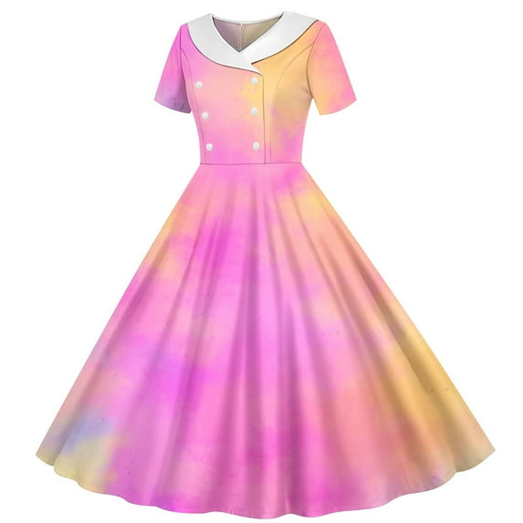 Favoffer Girls Summer Polka-Dot Graphic Dress Short Sleeve Stretchy Frock & A Line Recital Turndown Neck Dress, for Casual, Travel, Dance, Party 5-14Y