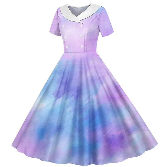 Favoffer Girls Summer Polka-Dot Graphic Dress Short Sleeve Stretchy Frock & A Line Recital Turndown Neck Dress, for Casual, Travel, Dance, Party 5-14Y