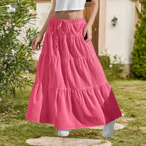 Favoffer Girls' Summer Solid Multicolor Boho Ruffled A-Line Tiered Maxi Skirt, Lightweight High-Waist Bow Pleated Long Dress, for Casual, Party, Travel,Home 4-15Y