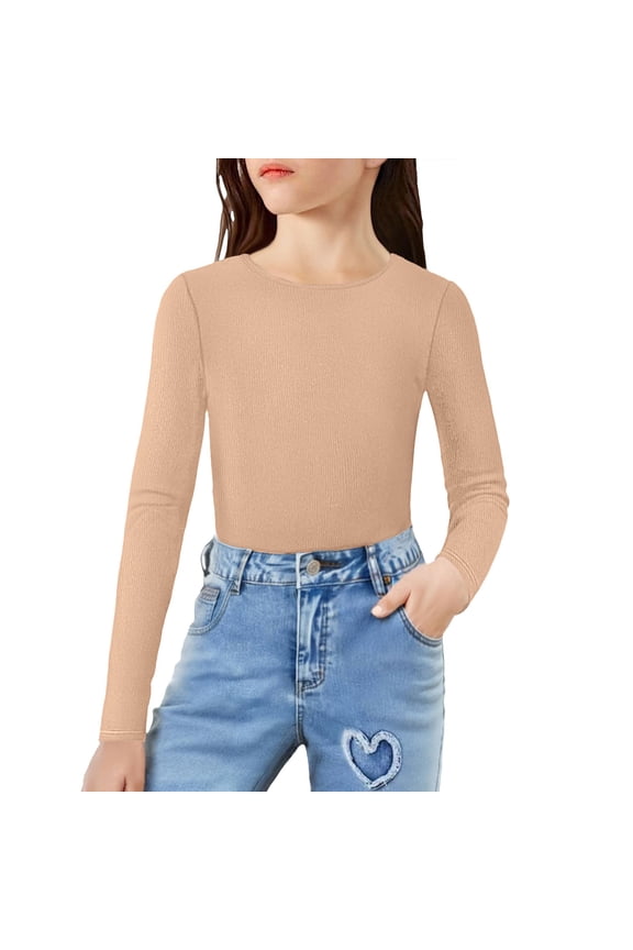Girls Undershirts Kids Long Sleeve Dance Velvet Inner Winter Solid Color Long Sleeve Base Layer Tops Fleece-Lined Slim Fit Tees Toddler Teen 1-15Y