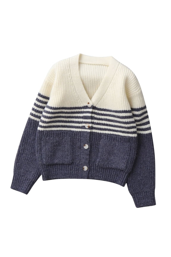 Girls V Neck Cardigan Stripe Button Cotton Sweaters Fall Winter Warm Uniform Knitted Long Sleeve Outerwear for Play Outings Holiday Gifts Big Kids 5-14Y